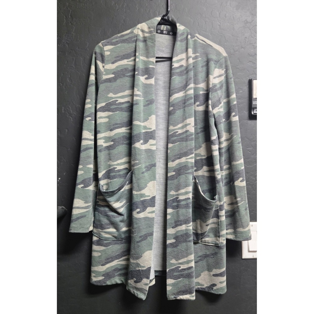 Coin 1804 Womens S Camo Open Front Longline Cardigan Green Camouflage Pockets‎